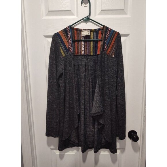 Skonhet Draped Front Open Cardigan Sweater Size XLarge Gray Long Sleeves Stripes - Picture 1 of 12